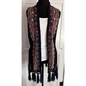 Free People Love Story Navy Southwestern Bohemian Sweater Knit Vest Tassel Sz S